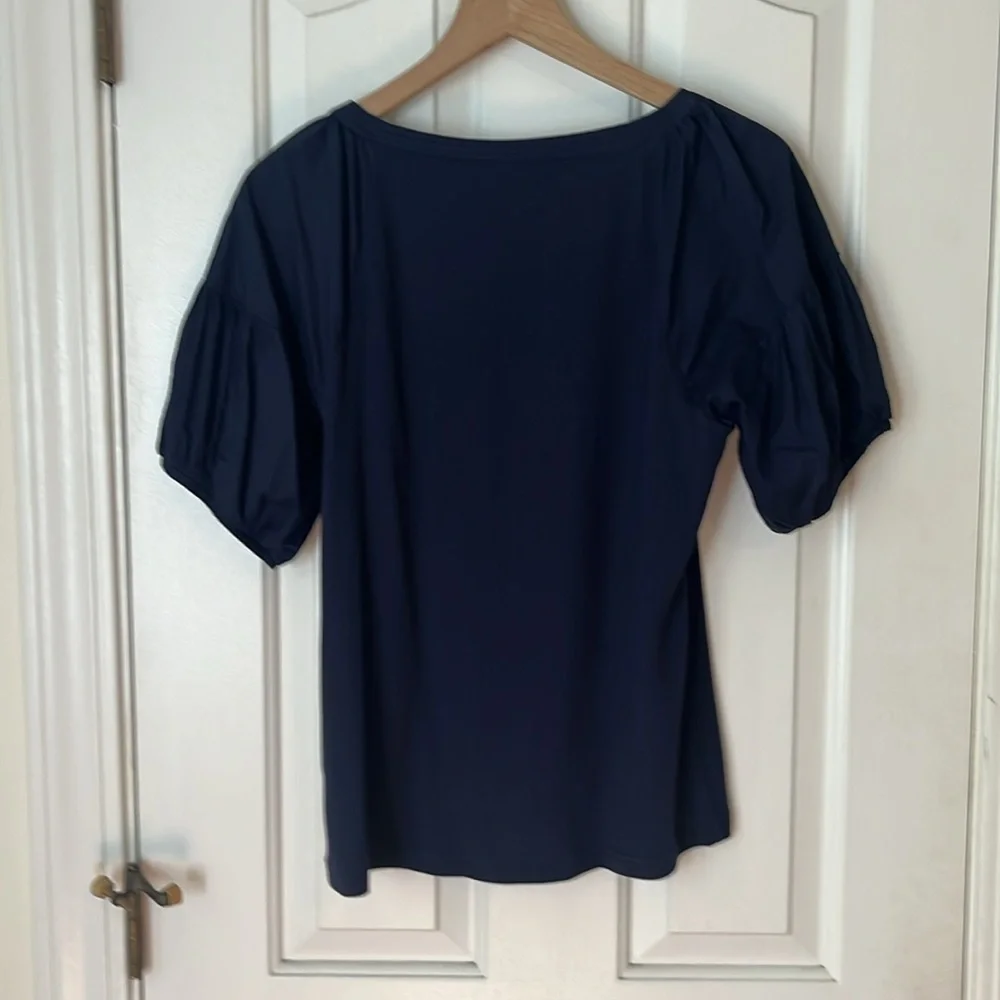J.Crew | 2023 Vintage Rib Puff-Sleeve Top‎ Size Large Navy Blue BP085 Cotton